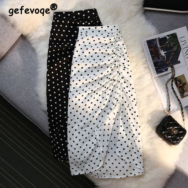 Kleider Frauen Sexy Unregelmäßige Seitenschlitzröcke Chiffon Polka Dot Print Weiß Elastische Hohe Taille Elegante Falten Damen Tasche Hüfte Midiröcke