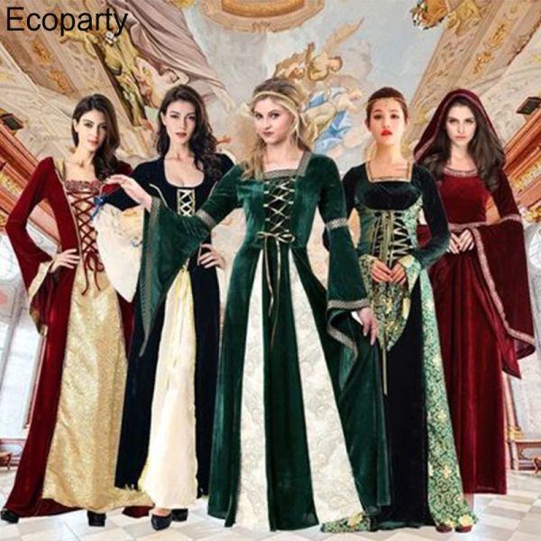 Kleid Retro Mittelalter Kostüm Dunkelgrün Aristokratisches Palastkleid Halloween Kostüm Erwachsene Bühnenauftritt Kleidung Kleid + Stirnband