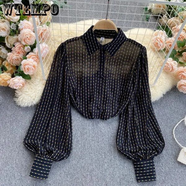 Hemd Chiffon Langarmshirt Damen Vintage Laternenärmel Lockeres und vielseitiges Damenshirt Polka Dot Top Großhandel