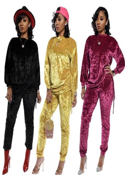 Herbst Winter Gold Samt Zwei Stück Set Frauen Schweiß Anzug Kleidung Lose Top und Hosen Velours Trainingsanzug Plus Größe Outfits S5252368640