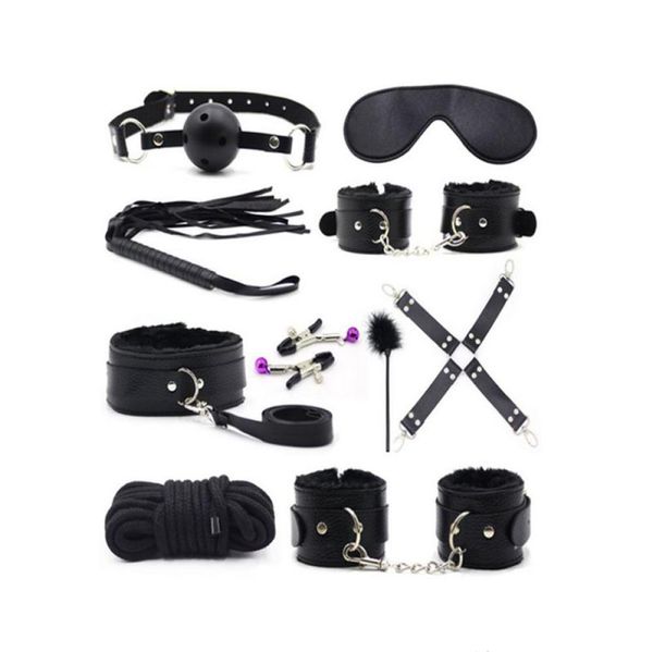 10 Pcsset Sexy Lingerie PU Couro Sexo Bondage Set Algemas de Mão Footcuff Chicote Corda Venda Erótica Brinquedos Sexuais Para Casais T2005114492908