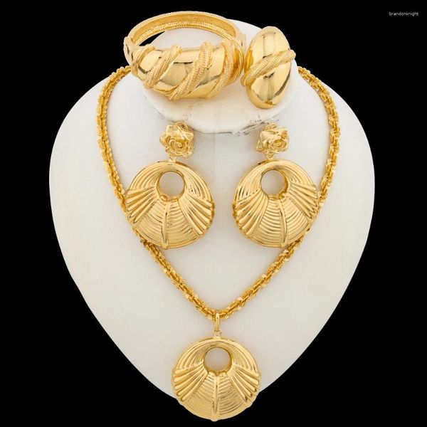 Комплект ожерелья и серег, итальянские позолоченные ювелирные изделия для женщин, круглый дизайн, подвеска и браслет, вечерние браслет, кольцо, обручальное кольцо