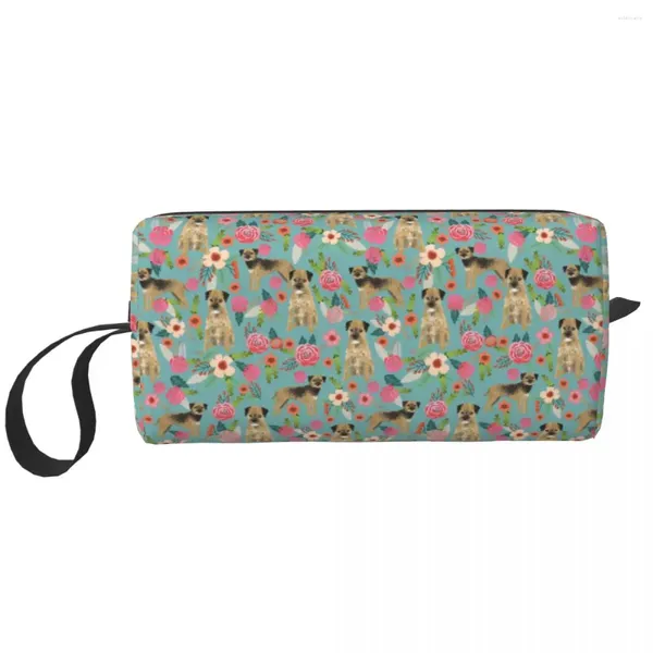 Kosmetische Taschen Border Terrier Blumenmuster Make -up -Tasche Frauen Reisen Organisator Süßes Hundeliebhaber Aufbewahrungstationstation