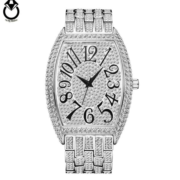 Cheio de diamantes jóias tonneau relógio hip hop números estranhos clássico masculino mecânico qualidade superior relógio de alto preço para homem