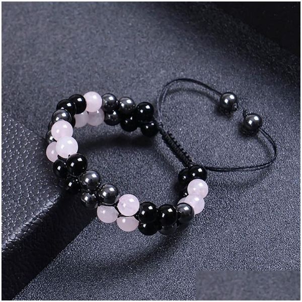 Catena 6mm 8mm quarzo rosa ematite ossidiana doppio strato braccialetto intrecciato pietra naturale cristallo coppia bracciali regolabili braccialetto Cu Dhi8Z