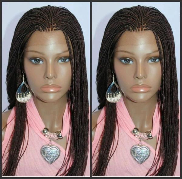 África estilo feminino micro trançado peruca dianteira do laço marrom escuro cor caixa trança peruca sintética trançada perucas parte com cabelo do bebê 8971404