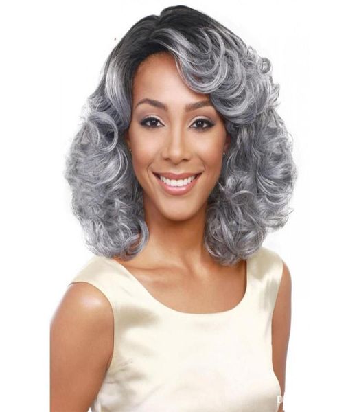 WoodFestival Avó peruca cinza ombre curto ondulado perucas de cabelo sintético encaracolado mulheres afro-americanas fibra resistente ao calor preto8072589
