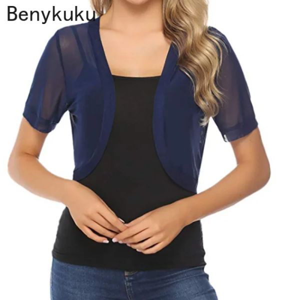 Jacken Schwarz Weiß Mesh Tüll Schal Crop Top Shrug Chiffon Bolero für Frauen Femme Mariage Kurzarm Jacke Party Open Stitch Mantel