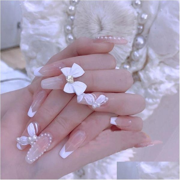 Unhas Falsas 10 Pcs Design Unhas Falsas Estilos Franceses Pure Handmade Manicures Pressione em Falsas Dicas Personalizáveis ​​Com Cola Para Entrega Gota Dhk48