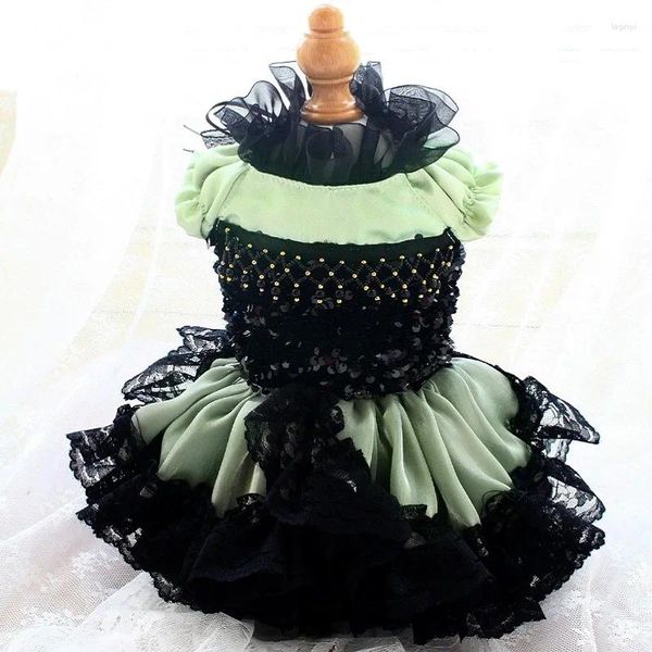 Abbigliamento per cani Abito fatto a mano dal design alla moda Abiti per animali domestici Stile vintage da corte Colore avocado con paillettes Gonna in pizzo Abito da ballo principessa Tutu Party