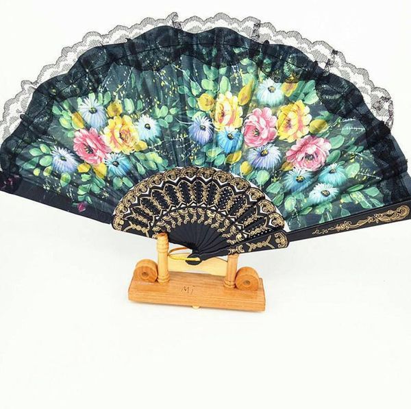 Acessórios dos desenhos animados floral dobrável ventilador de mão flores padrão laço ventilador para dança casamento igreja festa presentes favor artesanato espanhol fl4536409