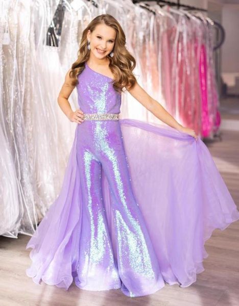 Fliederfarbener Mädchen-Festzug-Kleid-Overall 2023, Pailletten-Strampler, ausgestellte Hose, Organza-Perlenrock, kleiner Kindergeburtstag, OneShoulder, formell, Pa6155448