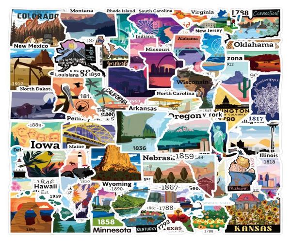 52 Stück bunte schöne USA-Bundesstaaten Karte der Amerika-Aufkleber Nationalpark-Aufkleber Graffiti-Aufkleber7801858