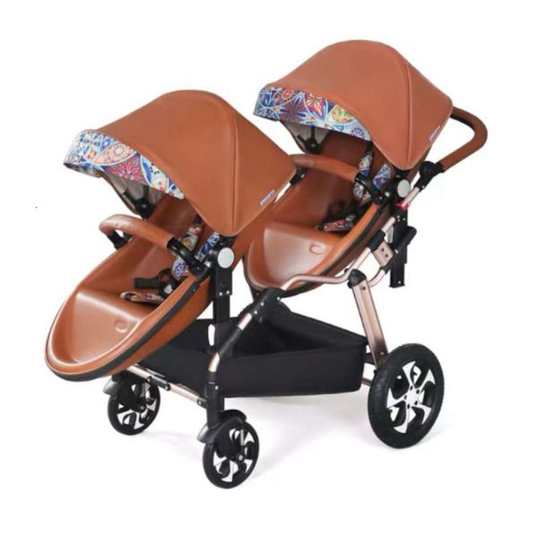 2024 Kinderwagen Zwillinge Baby Luxus Pu-Leder Weiß Zwillingswagen Doppel-Eierschalenauto Verkaufen wie warme Semmeln Designer Beliebte elastische Mode 360-Grad-Drehung Verkaufen