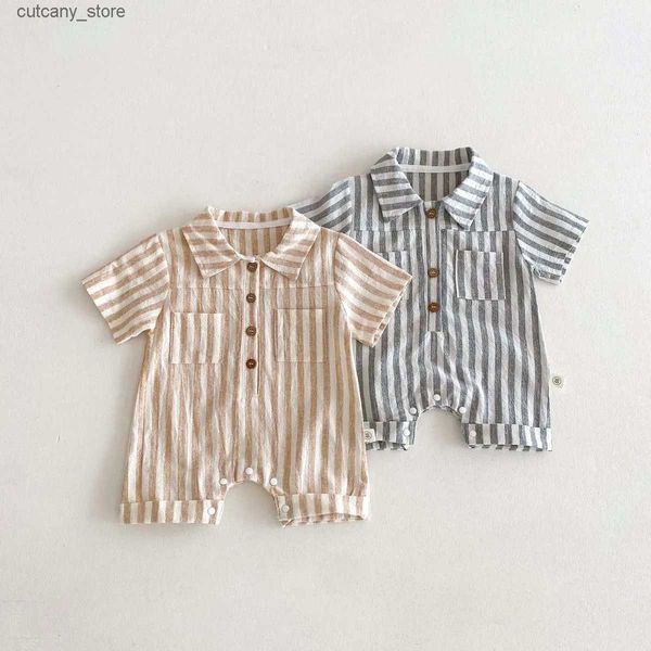 Tute 2024 Estate Ragazzo Bambino A righe Polo Colletto Manica corta Pagliaccetto Sottile Ragazza Infantile Cardigan Tuta Neonato Casual Cotone Un pezzo L240307