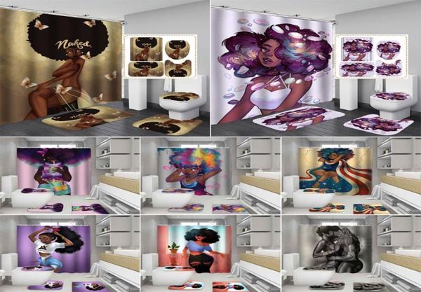 Duschvorhänge, afrikanischer Vorhang, Afro-süß, sexy, schwarzes Mädchen, Badezimmer, amerikanische Loli, rutschfeste Teppiche, Toilettendeckel-Abdeckung, Matte, Teppich 9541497
