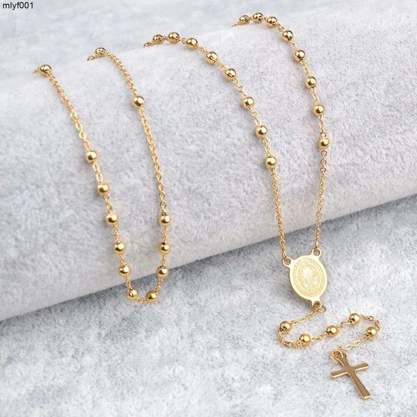 Collane con ciondolo Vergine Maria San Benedetto Preghiere cattoliche Collana lunga religiosa da donna in oro giallo con rosario Nuovo con scatola