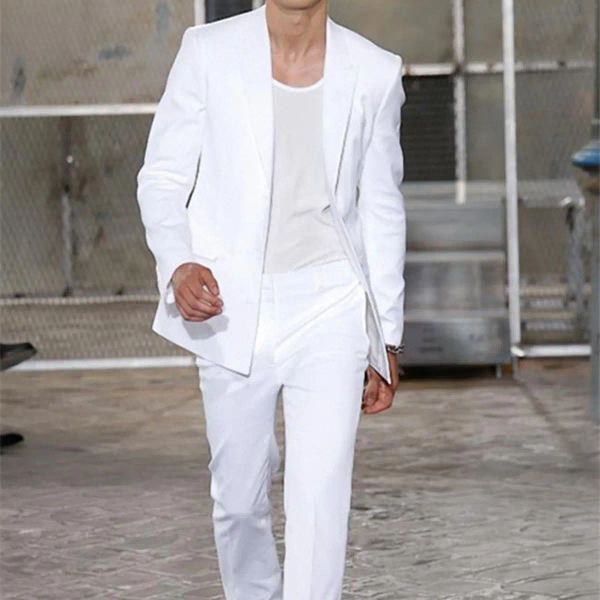 Костюмы 2023, летняя длинная куртка, белые брюки, смокинги для жениха, свадебные костюмы для мужчин, мужские пиджаки с остроконечными лацканами, 2 шт., пальто, брюки для выпускного вечера