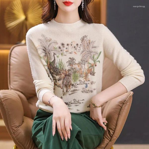 Kadın Sweaters Koyun Yün Sakinsiz Dikiş Kadınlar Örme Sweater 2024 Lady Annenin Uzun Kollu Çiçekler Basılı Altılar