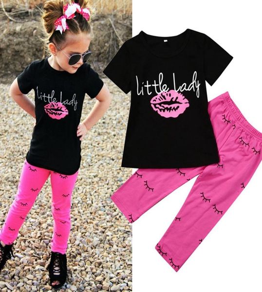 Baby Mädchen Outfits Lippen Wimpern Druck Hemd Hosen 2PCS Sets Kurzarm Mädchen Kleidung Set Sommer Kinder Kleidung 2 farben YW2141345756