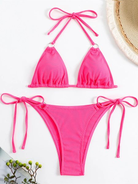 Set sexy solido rosa caldo bikini nero 2023 anello a coste femminile collegato push up micro costume da bagno costume da bagno cravatta triangolo laterale costume da bagno