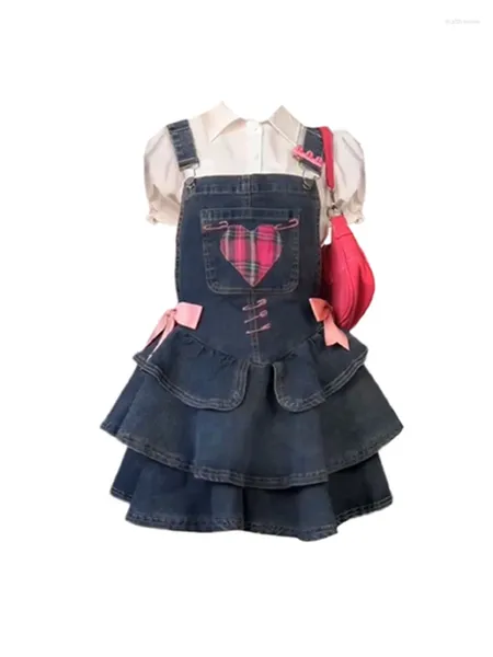 Arbeitskleider Harajuku Hochwertiges Preppy-Style2-teiliges Rock-Set Damen Polo-Ausschnitt Laternenärmel Hemden Kawaii Süßes Bogen-Denim-Trägerkleid