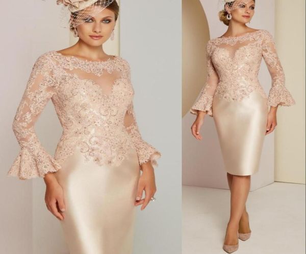 2020 Neue Vintage-Kleider für die Brautmutter, U-Ausschnitt, lange Ärmel, Champagner, Spitze, Kristall, knielang, individuelle Hochzeiten, Abendparty 7470017
