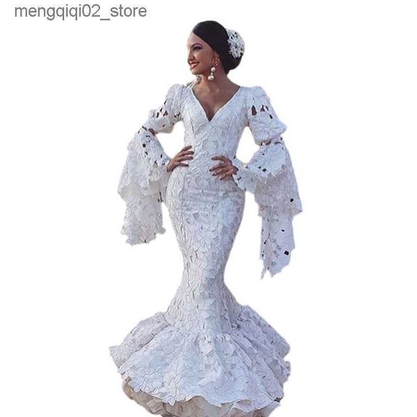 Городские сексуальные платья Ретро-дворцовое кружевное кружево Русалка Вечерние платья Белые расклешенные платья с длинным рукавом Vestidos Flamenca Spain Пром платье Q240307