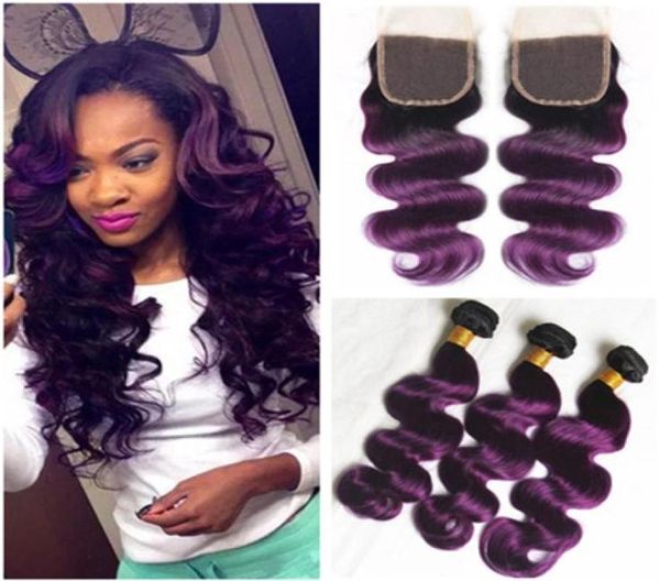 Virgem brasileiro ombre roxo cabelo humano tece com fechamento onda do corpo 1bpurple raiz escura ombre 3 pacotes com fechamento de renda 4x4 4p5432834