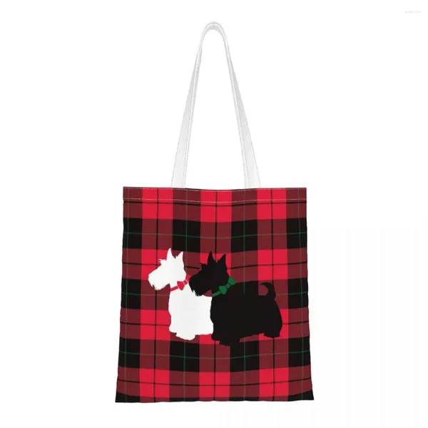 Sacos de compras Vintage Scottie Dog Reutilizável Bolsa de Ombro Mulheres Tote Bonito Scottish Terrier Alta Capacidade Lona Dobrável