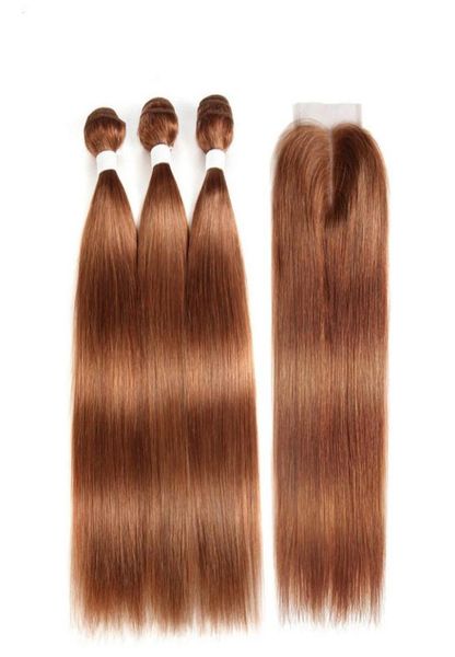 30 pacotes retos médios do cabelo humano de Remy castanho-aloirado com laço 4x4 Closure6187046