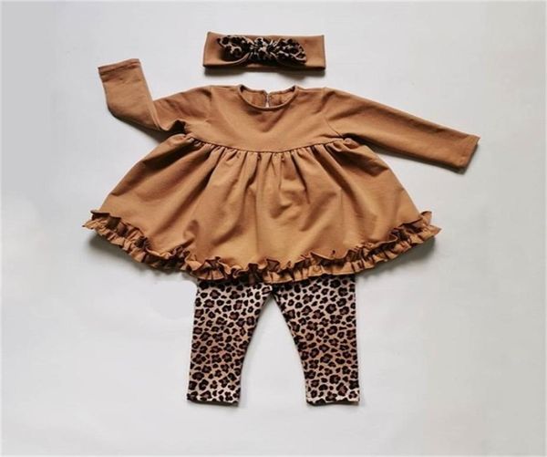 Outono inverno criança crianças bebê meninas roupas conjuntos de treino plissado manga longa topos leopardo calças headwear outfits 2108045142740
