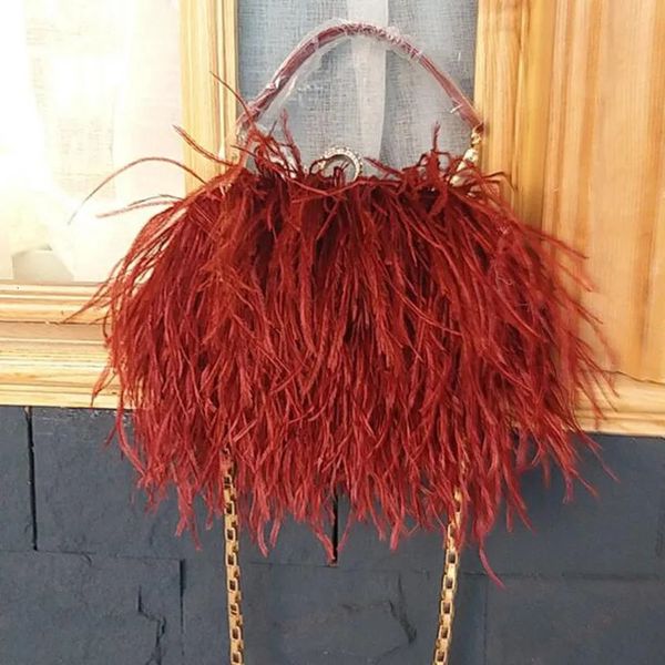 Mulheres sacos de noite tendência marca avestruz cabelo banquete saco luxo designer bolsas moda corrente ombro garras 240223