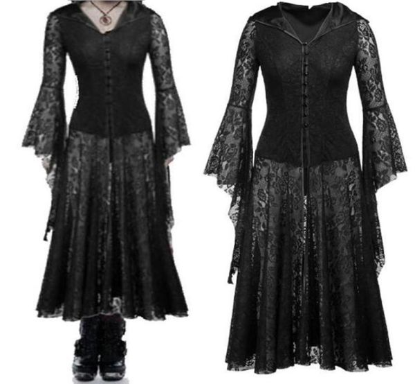 Abiti casual Halloween Costumi Cosplay Spaventoso Vampiro Costume da strega Donna Medievale Vittoriano Masquerade Pizzo nero Hollow Maxi D8479727