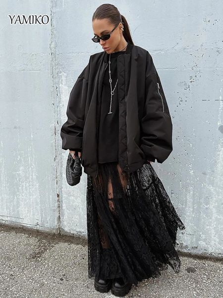 Saia yamiko preto sexy transparente renda cintura alta saia 2024 europeu e americano nova moda rua saia longa para roupas femininas