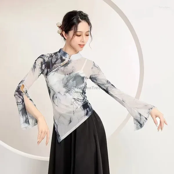 Сценическая одежда 2024, тренировочное платье в китайском стиле для классических танцев, марлевое эластичное платье с принтом, Cheongsam с разрезом сверху W128