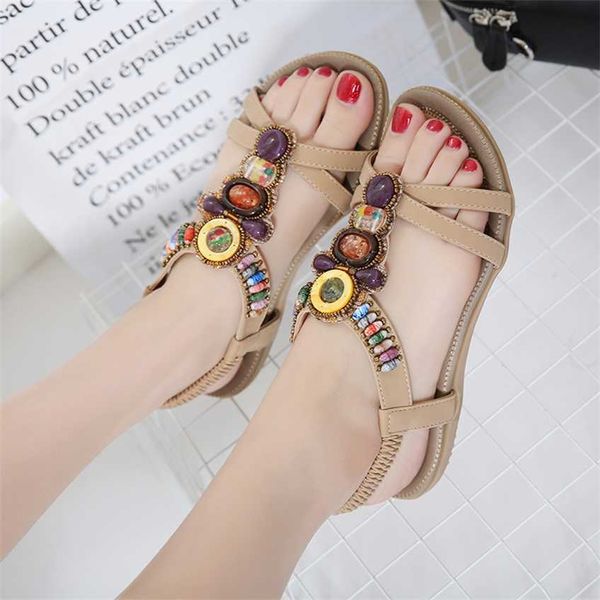 Venda Bohemian Sandles Tamanho Grande Mulheres Sapatos Étnico Estilo Romano Sandálias Salto Praia Frisado Salto Plano 240228