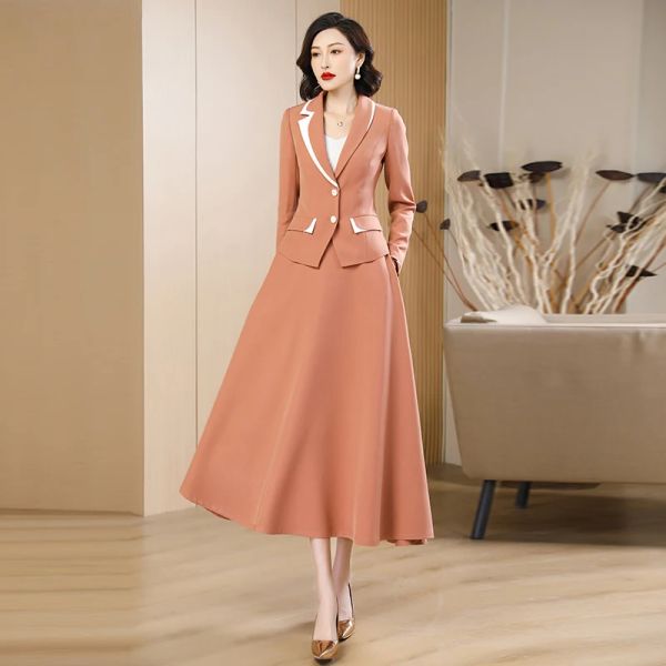 Anzüge Frauen Rock Anzüge Frühling Herbst Neue Elegante Mode Kontrast Farbe Dünner Blazer Hohe Taille ALine Kleid Orange Zweiteilige Sets