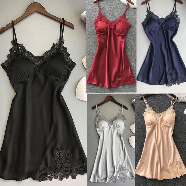 Vestidos casuais senhoras sexy seda cetim noite vestido sem mangas bordado nighties v pescoço camisola camisola renda sleepwear nightwear para