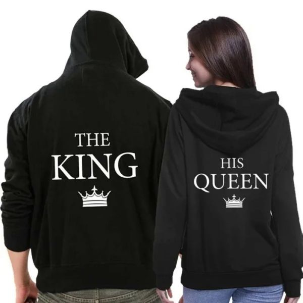 Spaccate Nuovo King Fashion King and Queen Coppia con cappuccio da uomo Donne a maniche lunghe Pullover Topshirts Gift di San Valentino per gli amanti