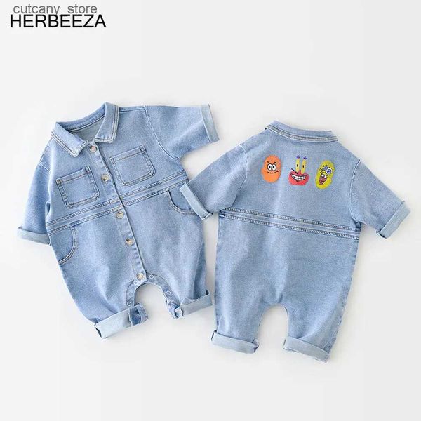 Tute Denim Neonato Abbigliamento primavera estate stampa cartoon Pagliaccetti per neonati Cotone Neonato Tuta Abbigliamento Abbigliamento per bambini 3-24 mesi L240307