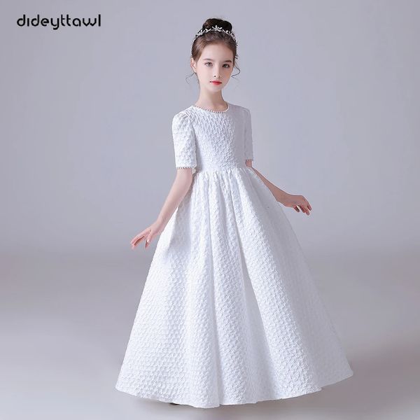 Dideyttawl Weißer Puffrock, elegantes Blumenmädchenkleid für Hochzeit, Party, kurze Ärmel, Konzert, Junior-Brautjungfernkleid 240304