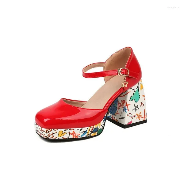 Sapatos de vestido Tamanho 34-47 Mary Jane Mulheres Patente Plataforma de Caminho Vermelho Casamento Quadrado dos dedos dos dedos