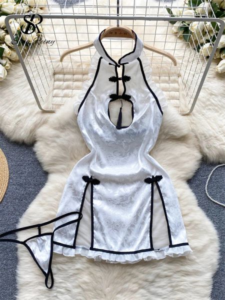 Kleid SINGREINY Print Sheer Sexy Mesh Kleid Ladies Rückenfrei Split Cheongsam Mini Nachtkleid Frauen Chinesischen Stil Retro Erotische Nachtwäsche