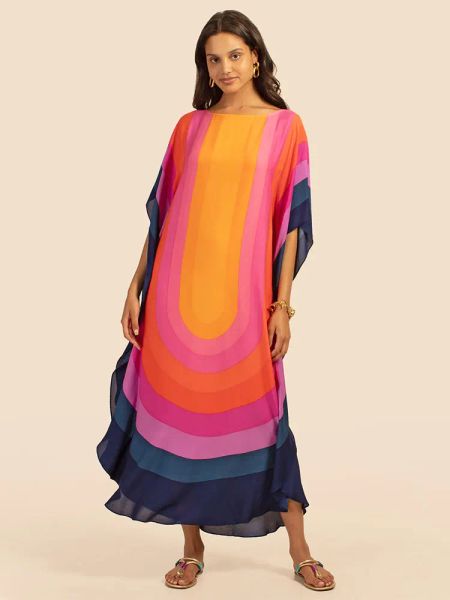 Abiti 2023 Rainbow Plus size Kaftan bohémien Stampato a pipistrello manicotto Street Wear Maxi Dress Wear Beach Wea Beach Swim Cover Up Q1435