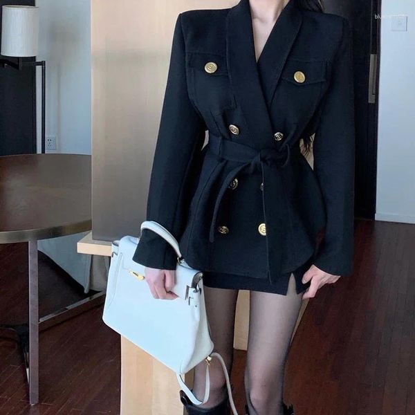 Kadınlar Suits insozkdg siyah kapitone mizaç takım elbise ceketi sonbahar kış kalınlaşmış bel üst düzey tasarım niş ofis bayan blazer