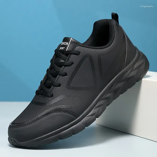 Freizeitschuhe für Herren, zum Laufen, Schnüren, PU-Leder, leichte Walking-Sneaker, Fitness, Sport, Wohnungen, bequem, atmungsaktiv, Schwarz, Größe 38–46