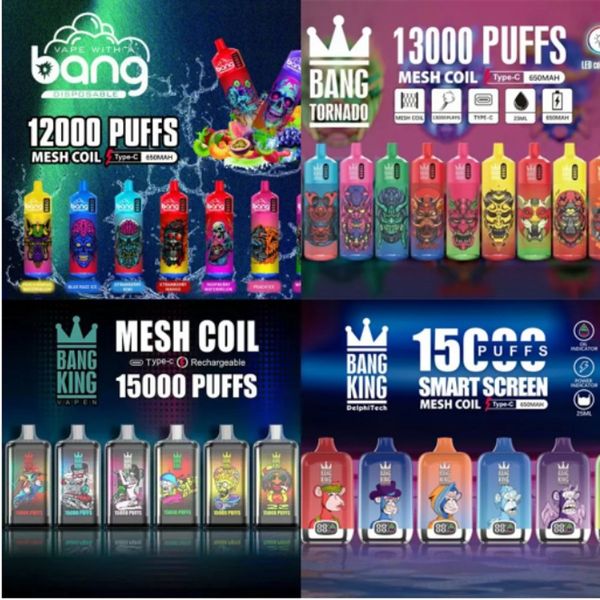 Bang King 12K 13K 15K 12000 13000 15000 Puflar Dijital Kutu Tornado Tek kullanımlık Vape Kalem 23ml Prefiled Kartuşlar Pod 650mah Şarj Edilebilir Pil Kit E Sigara