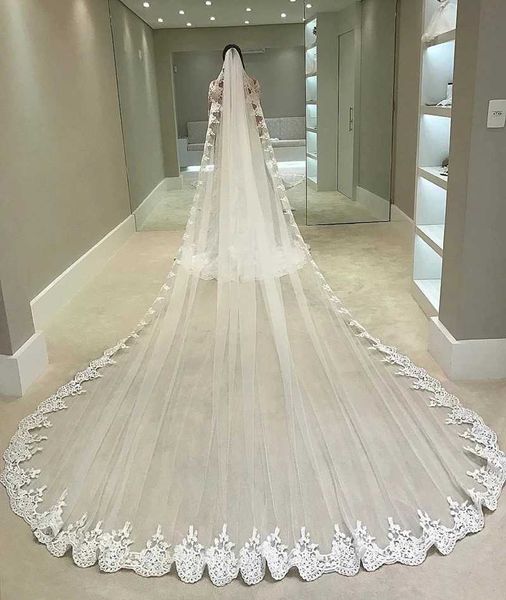 Hijabs weiße Elfenbein 4 Meter langer Voll Edge -Spitze Hochzeitsschleier Tüll Brautschleier mit Kamm Hochzeitszubehör Veu de Noiva 4.9