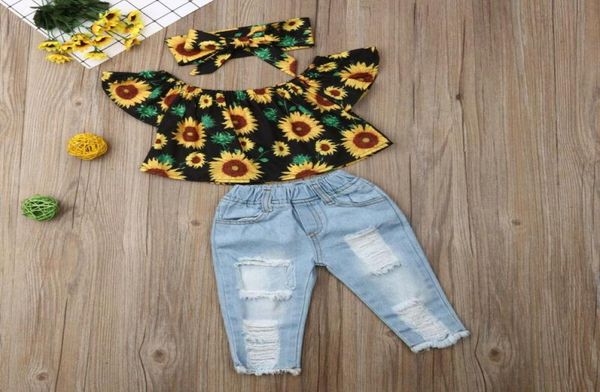 Kleidungssets Sommer Kleinkind Baby Mädchen Kleidung Sonnenblumen Tops Crop Denim Hosen Jeans OutfitsClothing3117619